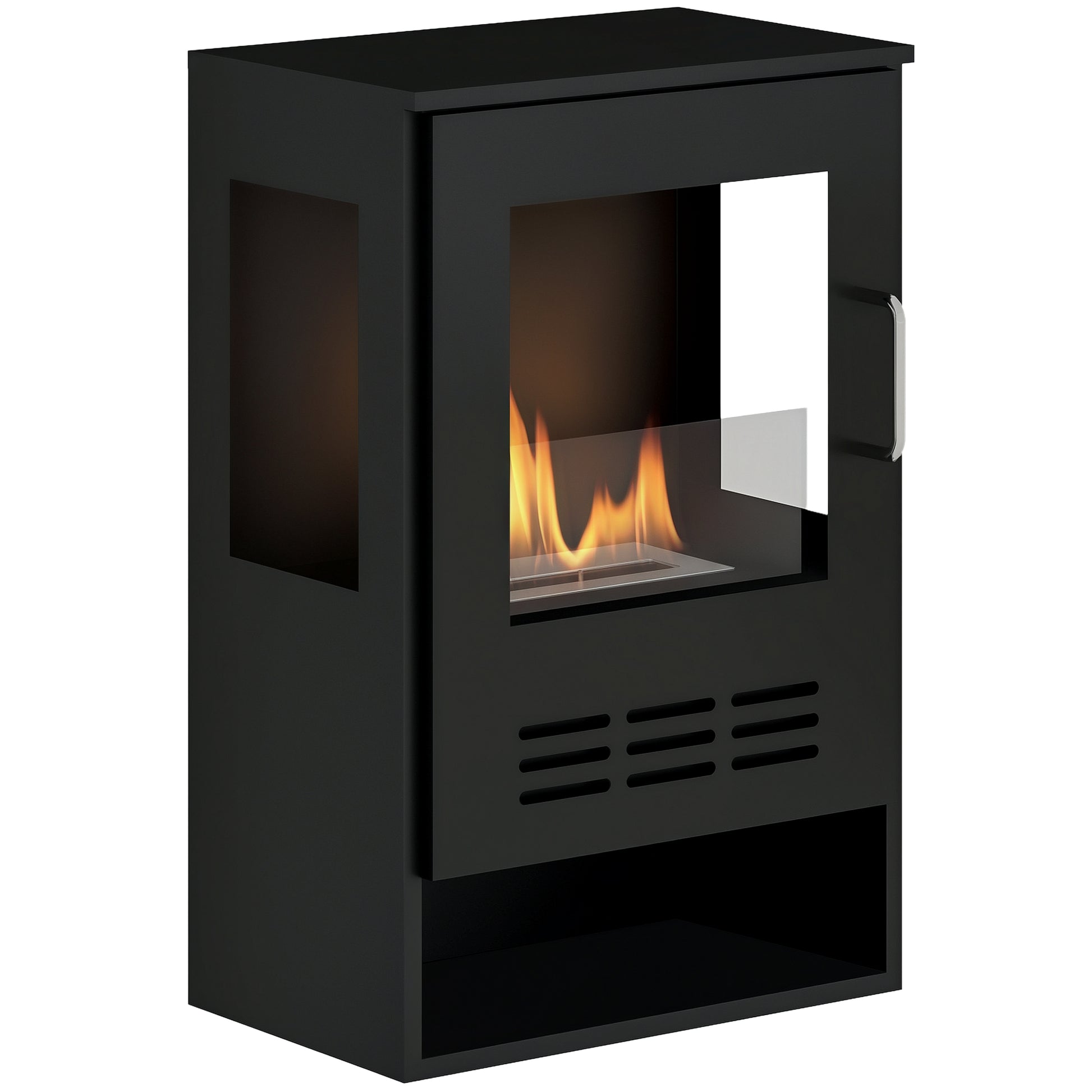 Freestanding Bioethanol Fireplace with 0.9L Burner for 3.3 Hour Duration, Steel and Glass Fireplace, Ethanol Fireplace Covering 20㎡, 44x28x68 cm, Black