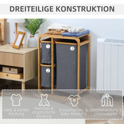 Laundry Basket Hamper with Platform Laundry Sorter with 3 Removable Laundry Bags Organizer for Bedroom Bathroom Bamboo Gray+Natural 50 x 32 x 69.7 cm