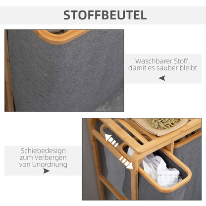 Laundry Basket Hamper with Platform Laundry Sorter with 3 Removable Laundry Bags Organizer for Bedroom Bathroom Bamboo Gray+Natural 50 x 32 x 69.7 cm