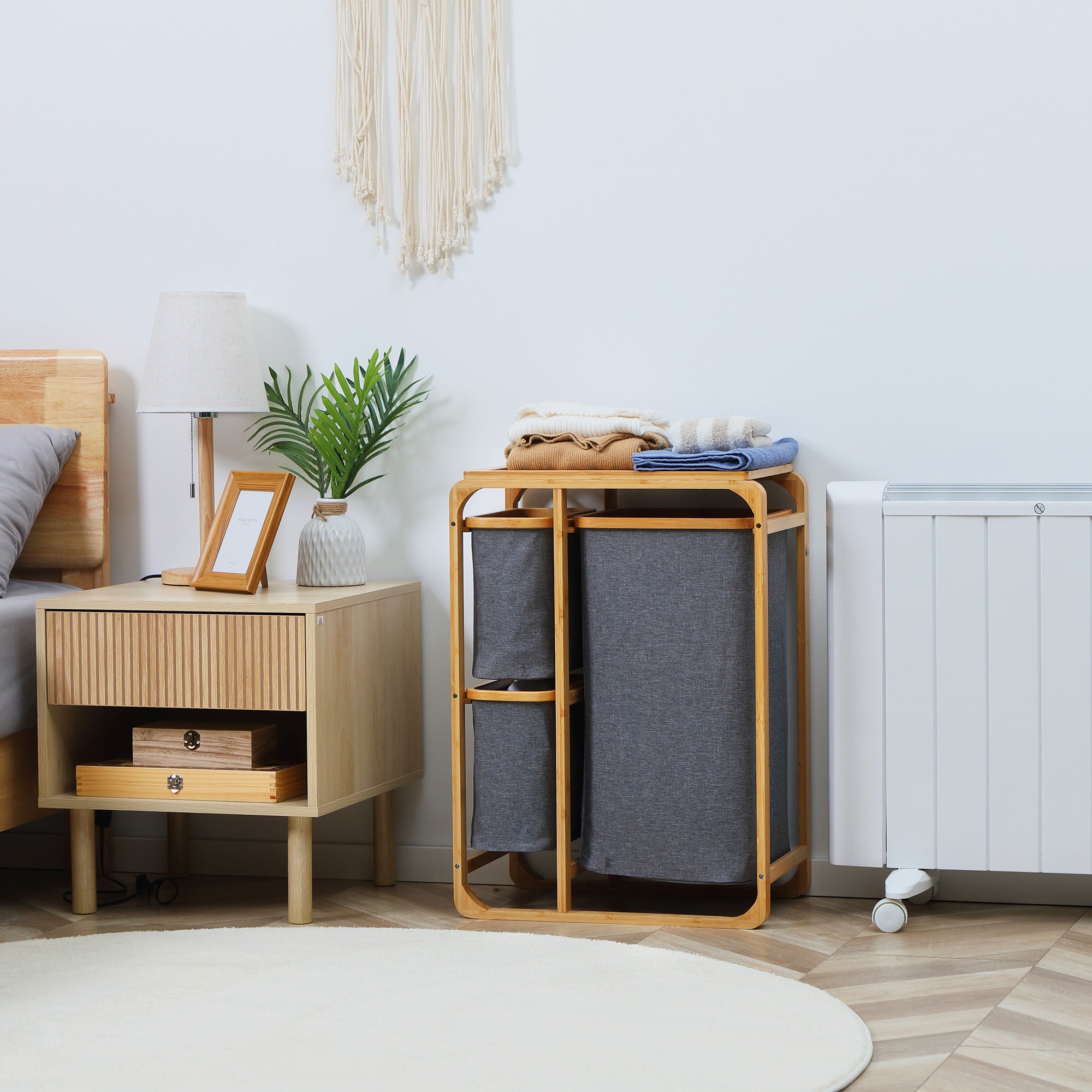 Laundry Basket Hamper with Platform Laundry Sorter with 3 Removable Laundry Bags Organizer for Bedroom Bathroom Bamboo Gray+Natural 50 x 32 x 69.7 cm