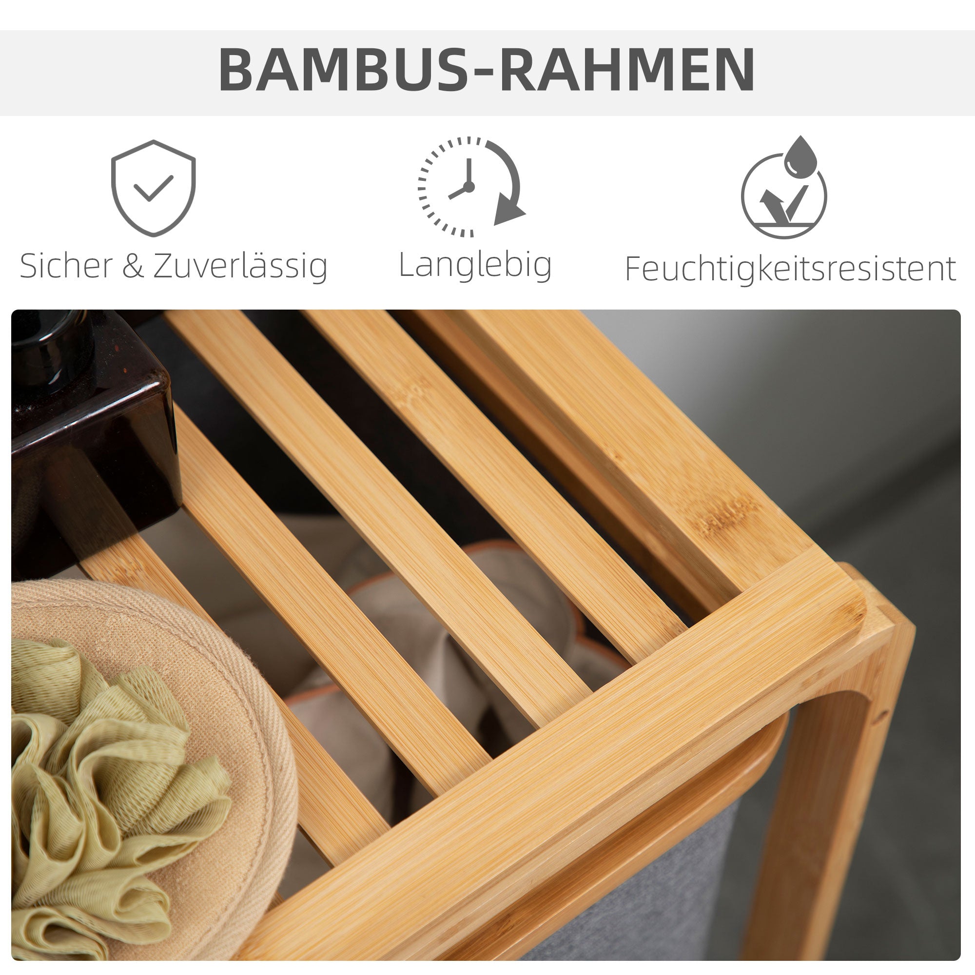 Laundry Basket Hamper with Platform Laundry Sorter with 3 Removable Laundry Bags Organizer for Bedroom Bathroom Bamboo Gray+Natural 50 x 32 x 69.7 cm