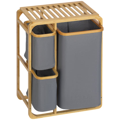 Laundry Basket Hamper with Platform Laundry Sorter with 3 Removable Laundry Bags Organizer for Bedroom Bathroom Bamboo Gray+Natural 50 x 32 x 69.7 cm