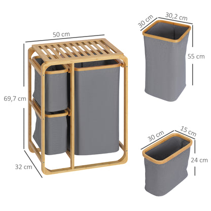 Laundry Basket Hamper with Platform Laundry Sorter with 3 Removable Laundry Bags Organizer for Bedroom Bathroom Bamboo Gray+Natural 50 x 32 x 69.7 cm