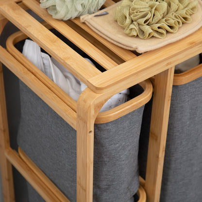 Laundry Basket Hamper with Platform Laundry Sorter with 3 Removable Laundry Bags Organizer for Bedroom Bathroom Bamboo Gray+Natural 50 x 32 x 69.7 cm