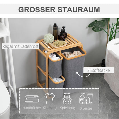 Laundry Basket Hamper with Platform Laundry Sorter with 3 Removable Laundry Bags Organizer for Bedroom Bathroom Bamboo Gray+Natural 50 x 32 x 69.7 cm