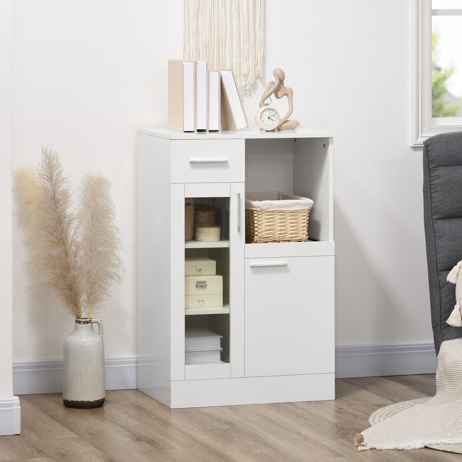 Modern Sideboard with Cabinets and Drawer, Space-Saving Kitchen Cabinet in Wood and Glass 60x40x95cm, White