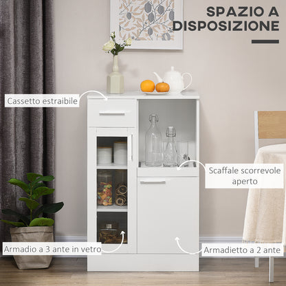 Modern Sideboard with Cabinets and Drawer, Space-Saving Kitchen Cabinet in Wood and Glass 60x40x95cm, White