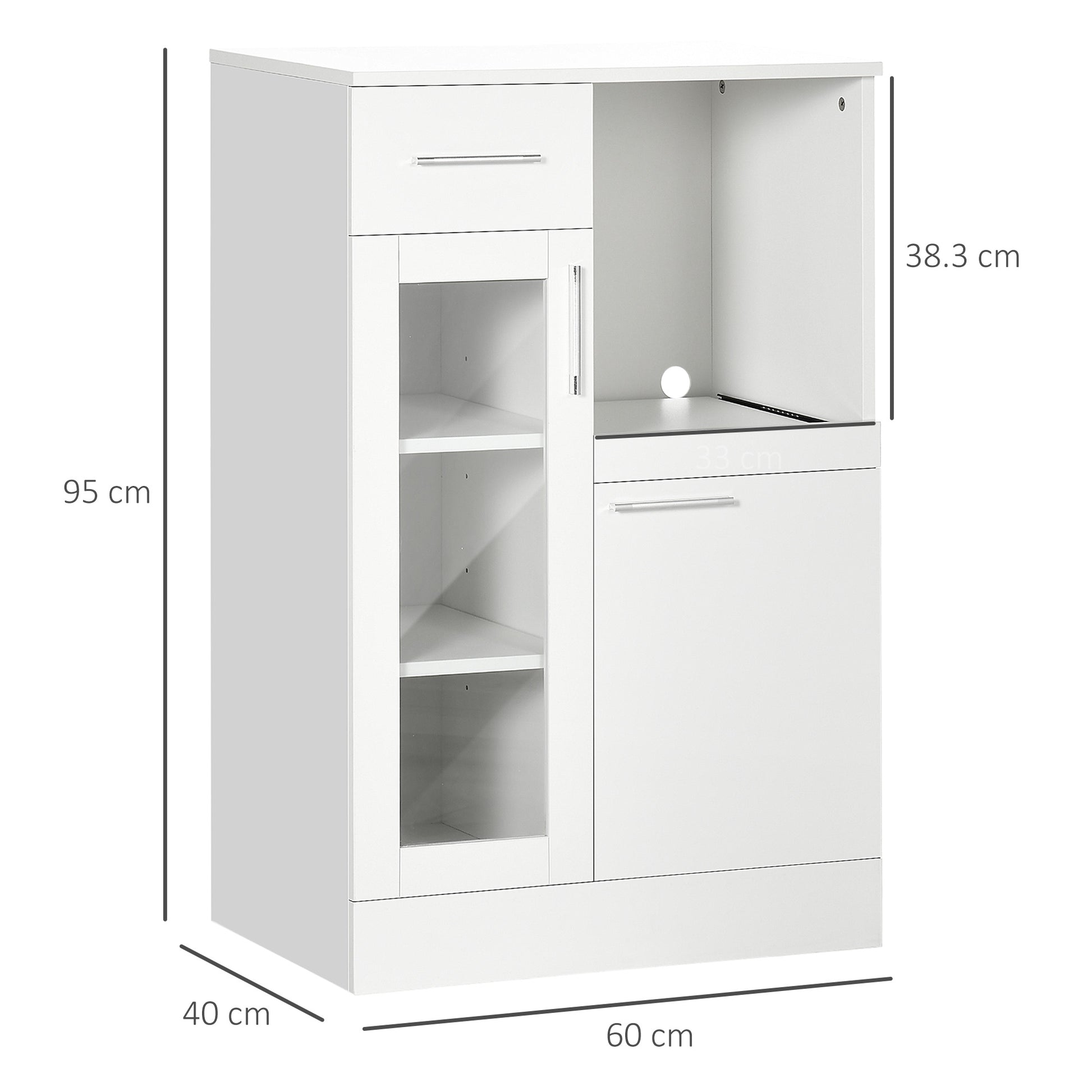 Modern Sideboard with Cabinets and Drawer, Space-Saving Kitchen Cabinet in Wood and Glass 60x40x95cm, White