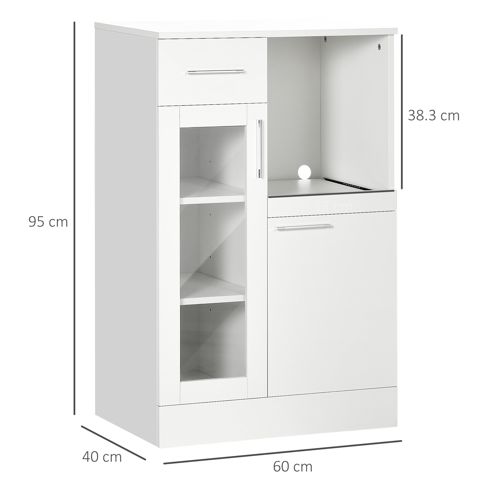 Modern Sideboard with Cabinets and Drawer, Space-Saving Kitchen Cabinet in Wood and Glass 60x40x95cm, White