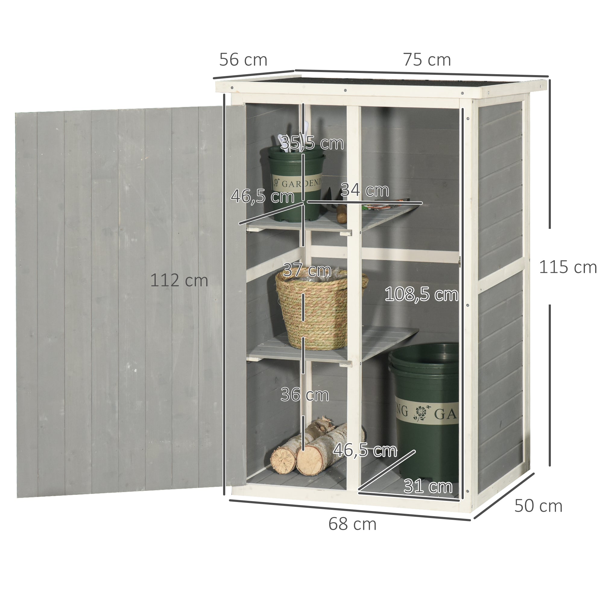 Wooden Garden Cabinet, Weatherproof Tool Shed 75x56x115cm, Shed with Door, Shelves, Tool Cabinet, Garden House Tool Shed for Garden, Patio, Backyard, Lawn, Gray