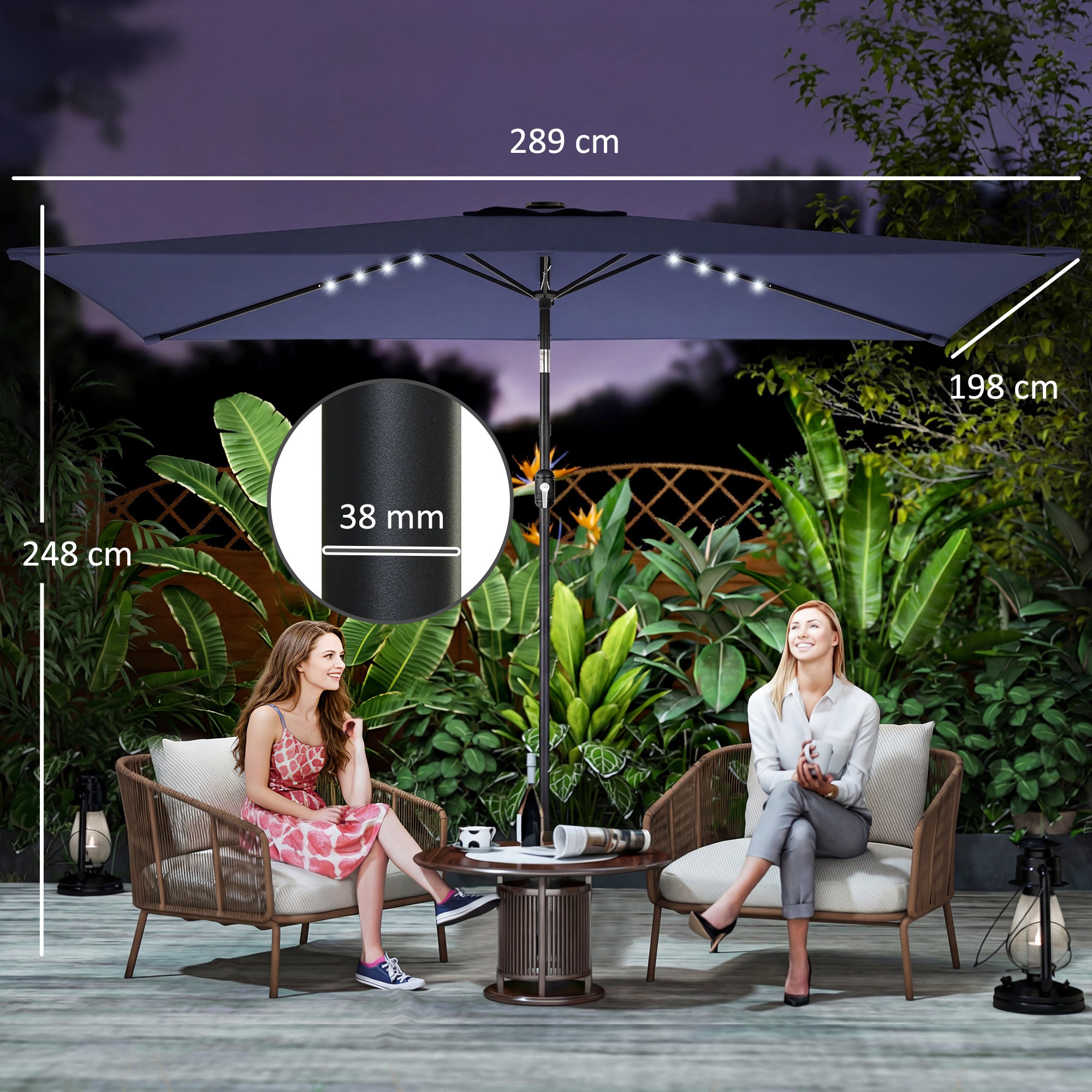 9.5' x 8.2' Outdoor Patio Umbrella – 24 Solar LED Lights, Crank & Tilt Canopy, Metal Pole, Dark Blue