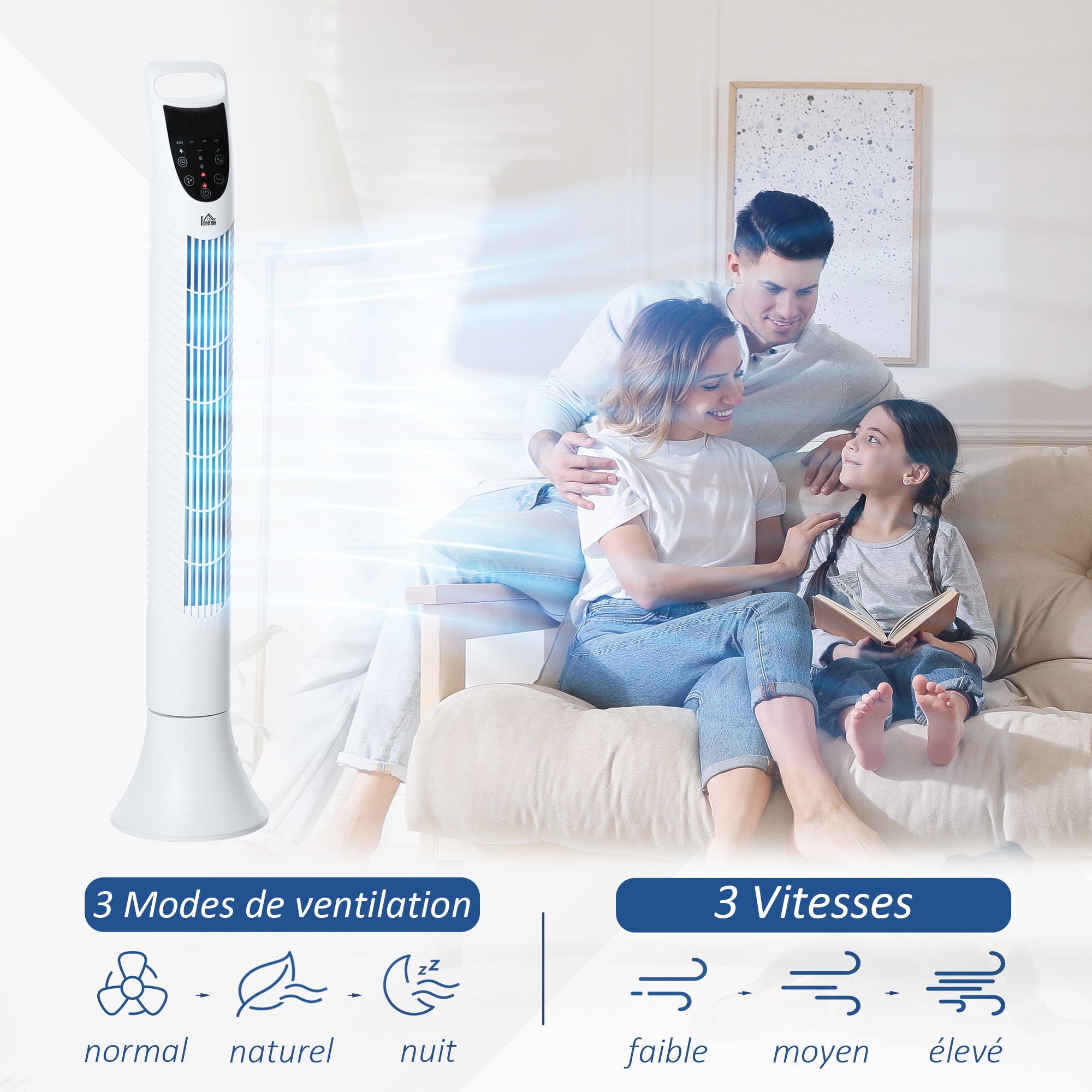 Silent Column Fan 40W Timer 3 Speeds 3 Modes Remote Control 70° Oscillating Touch Control Panel Floor Fan Height 91.5cm White