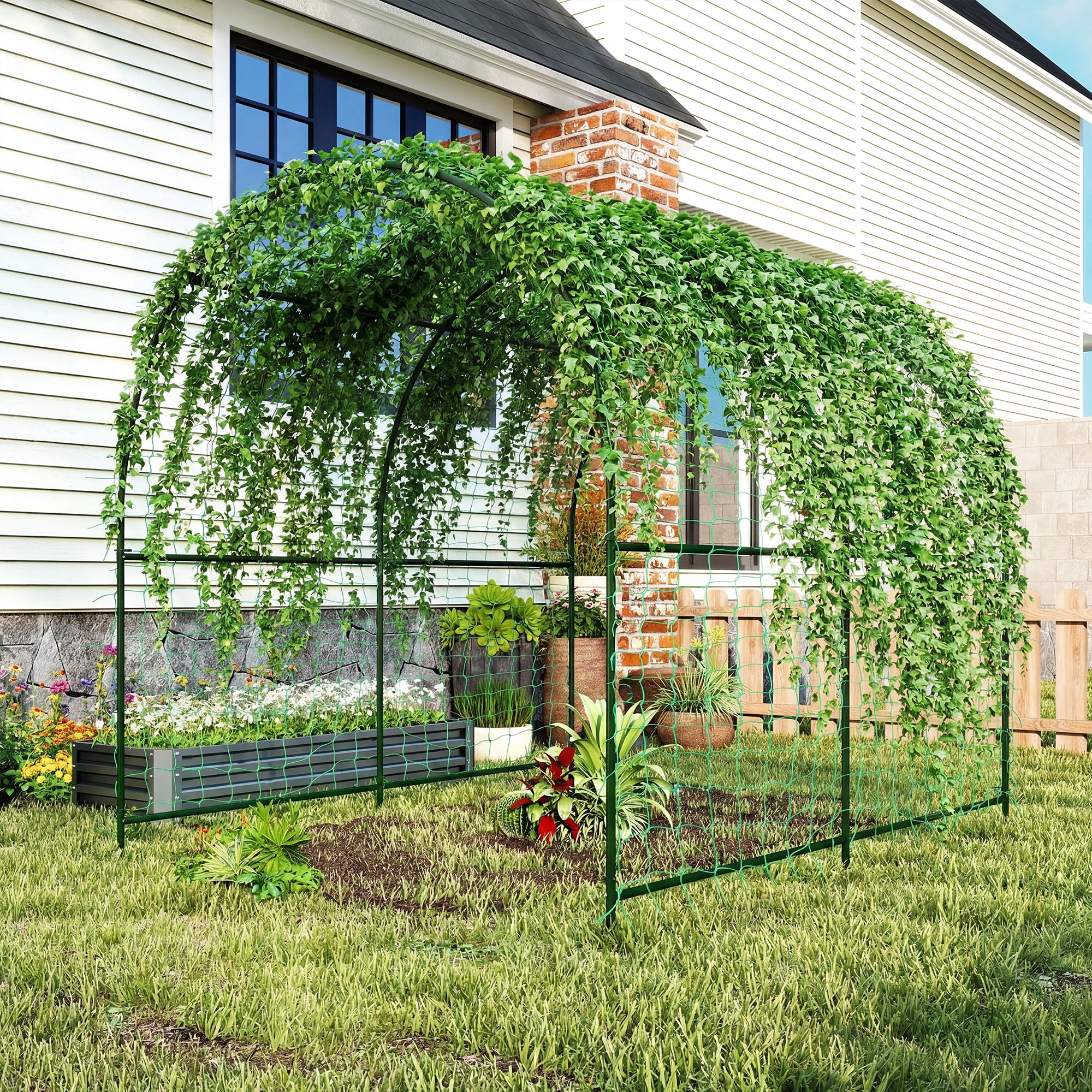 Rust-Resistant Curved Metal Trellis Arch for Tomatoes & Climbers, 210 x 250 x 216 cm – Dark Green