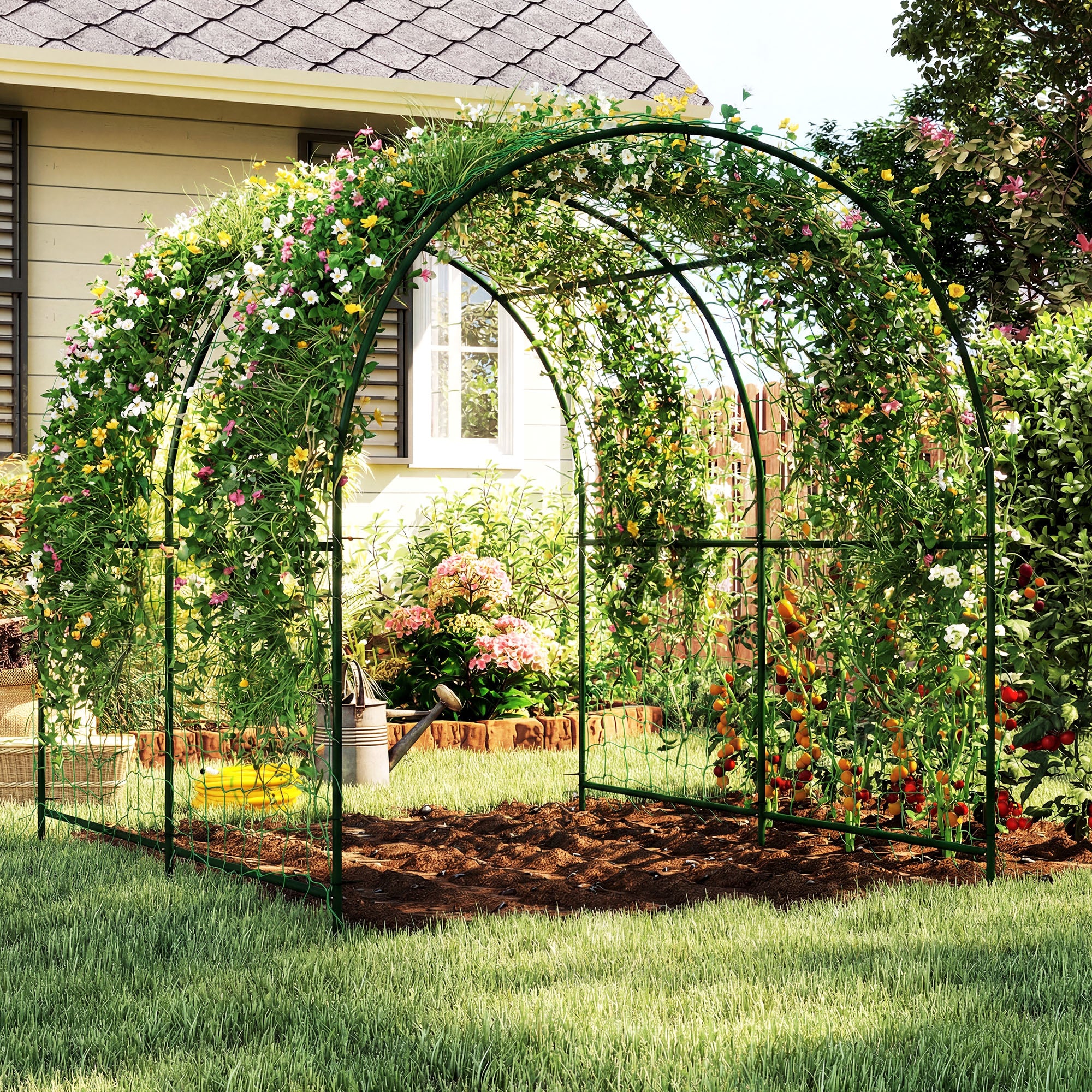 Rust-Resistant Curved Metal Trellis Arch for Tomatoes & Climbers, 210 x 250 x 216 cm – Dark Green