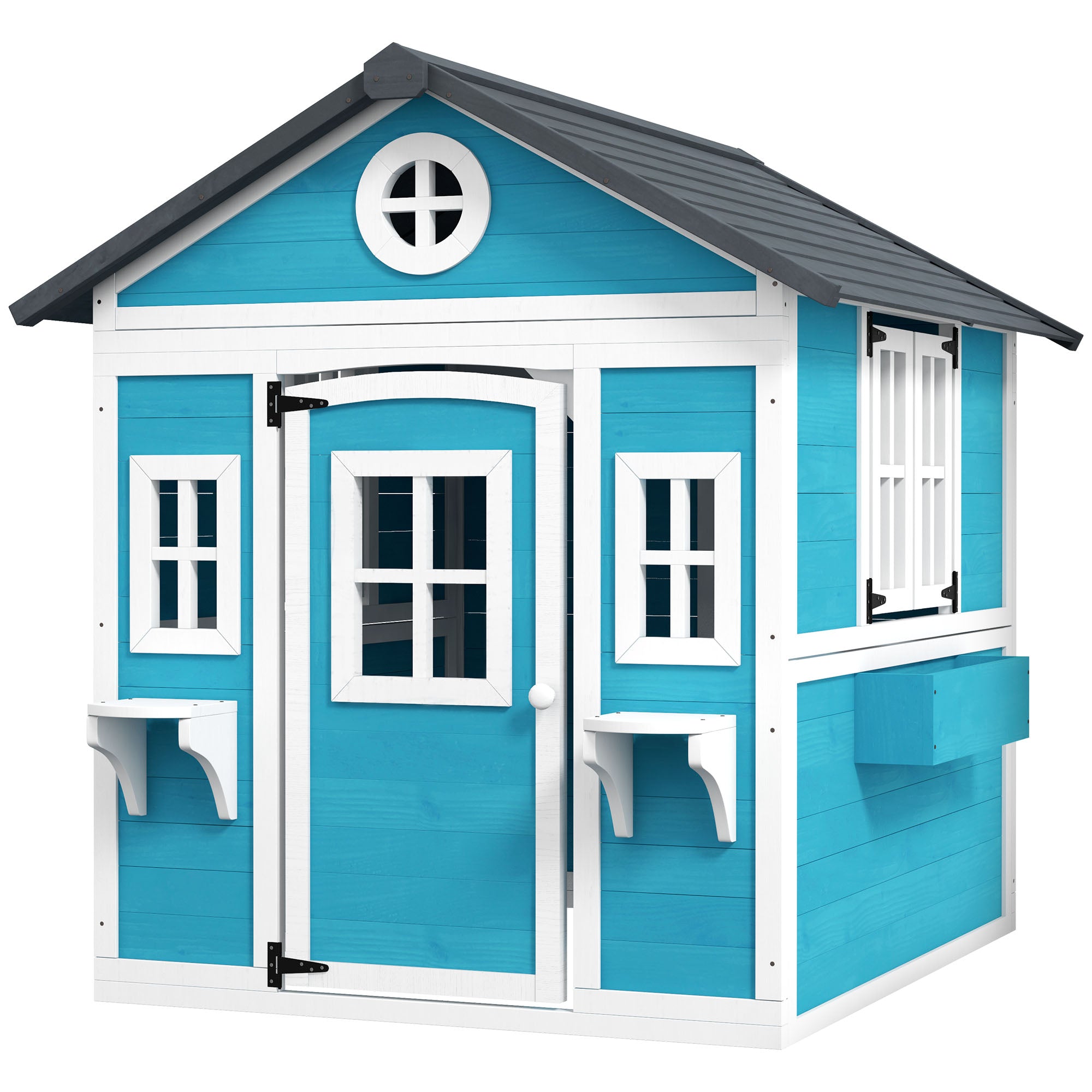 Wooden Playhouse for Kids Outdoor with Window, Flower Shelf, Planter Box, and Door Garden House for Children 3-8 Years Blue