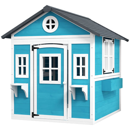 Wooden Playhouse for Kids Outdoor with Window, Flower Shelf, Planter Box, and Door Garden House for Children 3-8 Years Blue