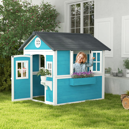 Wooden Playhouse for Kids Outdoor with Window, Flower Shelf, Planter Box, and Door Garden House for Children 3-8 Years Blue