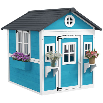 Wooden Playhouse for Kids Outdoor with Window, Flower Shelf, Planter Box, and Door Garden House for Children 3-8 Years Blue
