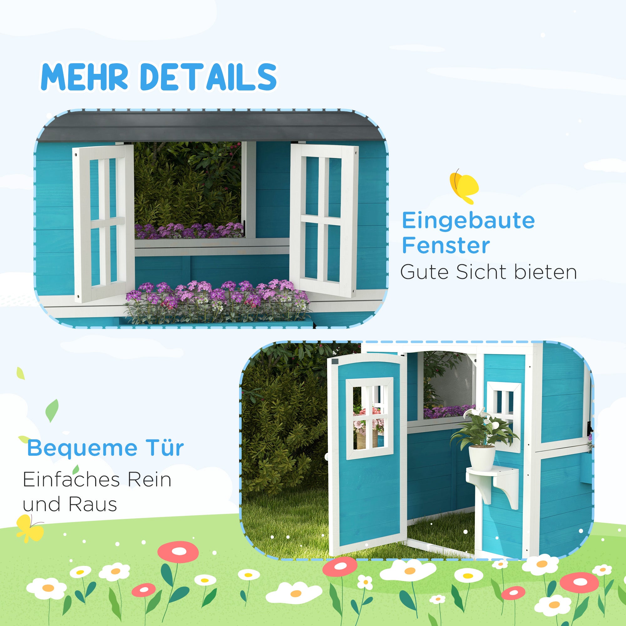 Wooden Playhouse for Kids Outdoor with Window, Flower Shelf, Planter Box, and Door Garden House for Children 3-8 Years Blue