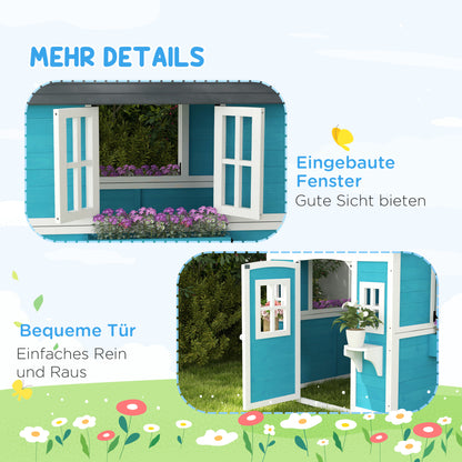 Wooden Playhouse for Kids Outdoor with Window, Flower Shelf, Planter Box, and Door Garden House for Children 3-8 Years Blue