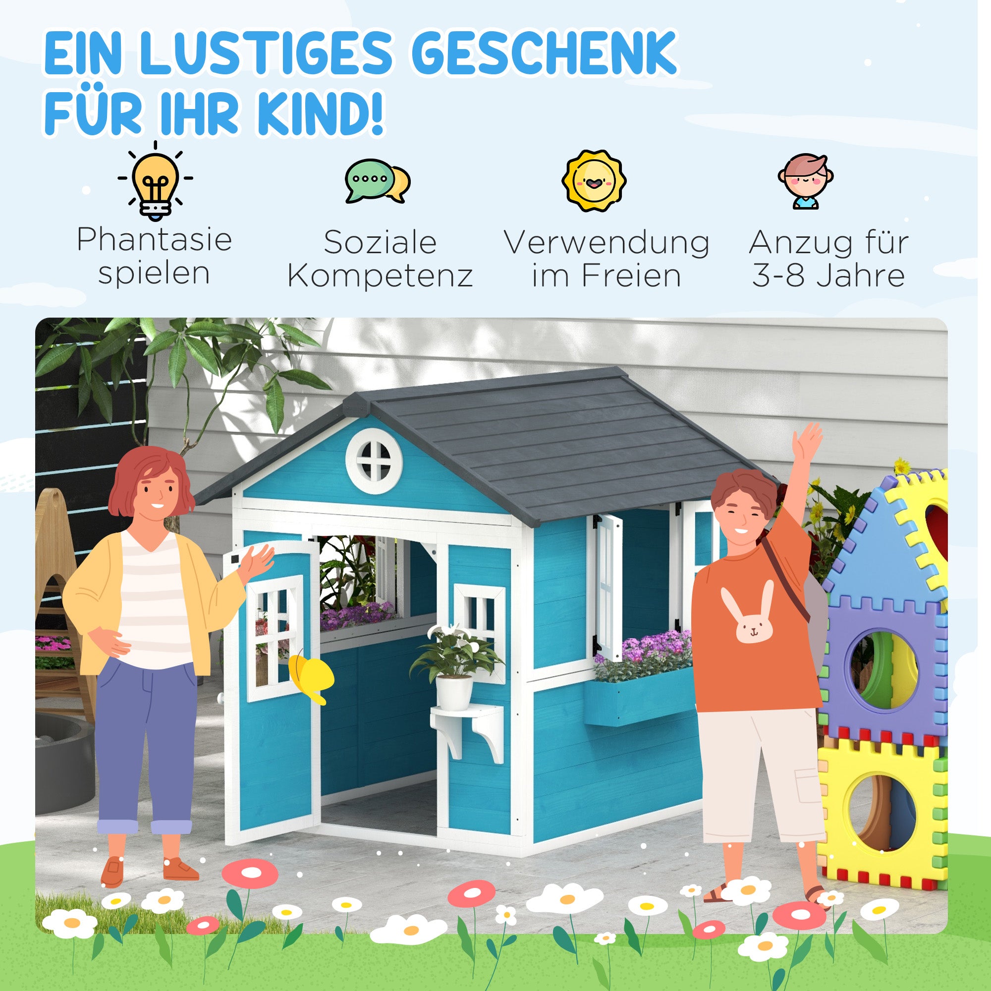 Wooden Playhouse for Kids Outdoor with Window, Flower Shelf, Planter Box, and Door Garden House for Children 3-8 Years Blue
