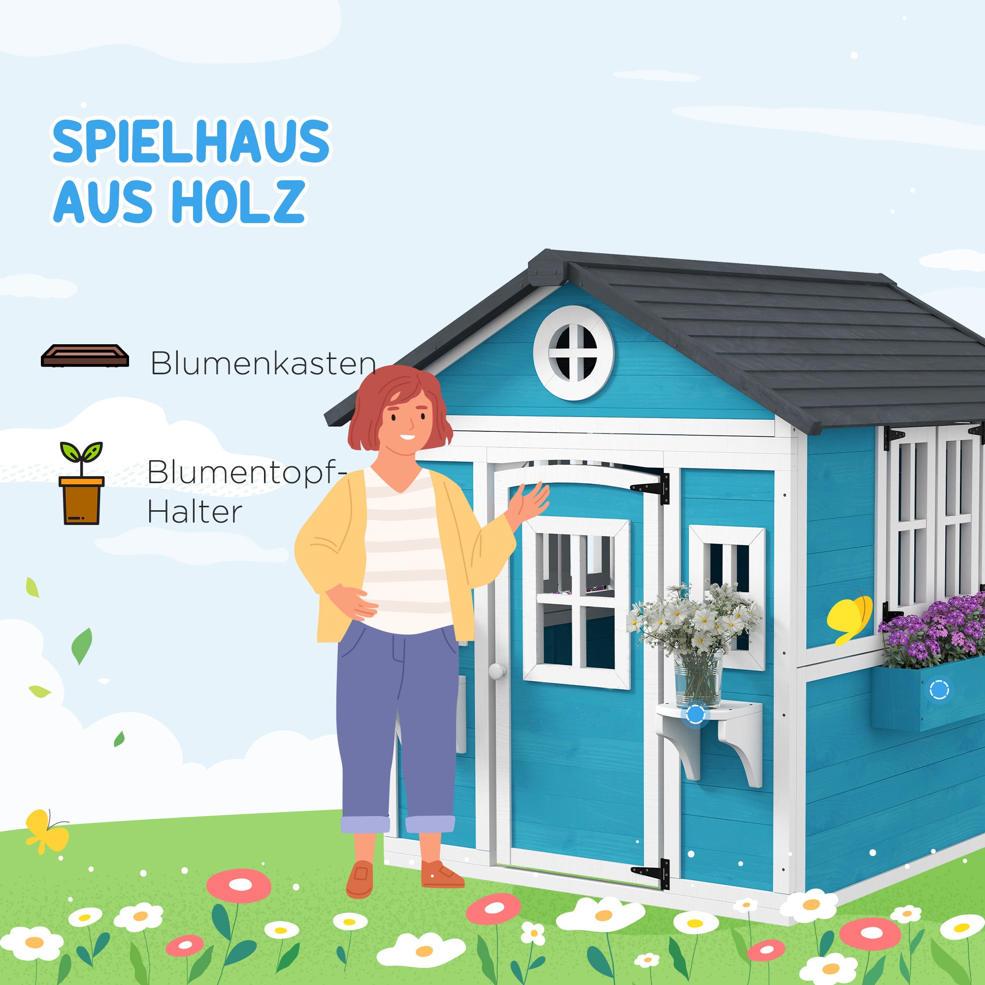 Wooden Playhouse for Kids Outdoor with Window, Flower Shelf, Planter Box, and Door Garden House for Children 3-8 Years Blue