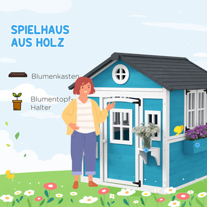 Wooden Playhouse for Kids Outdoor with Window, Flower Shelf, Planter Box, and Door Garden House for Children 3-8 Years Blue