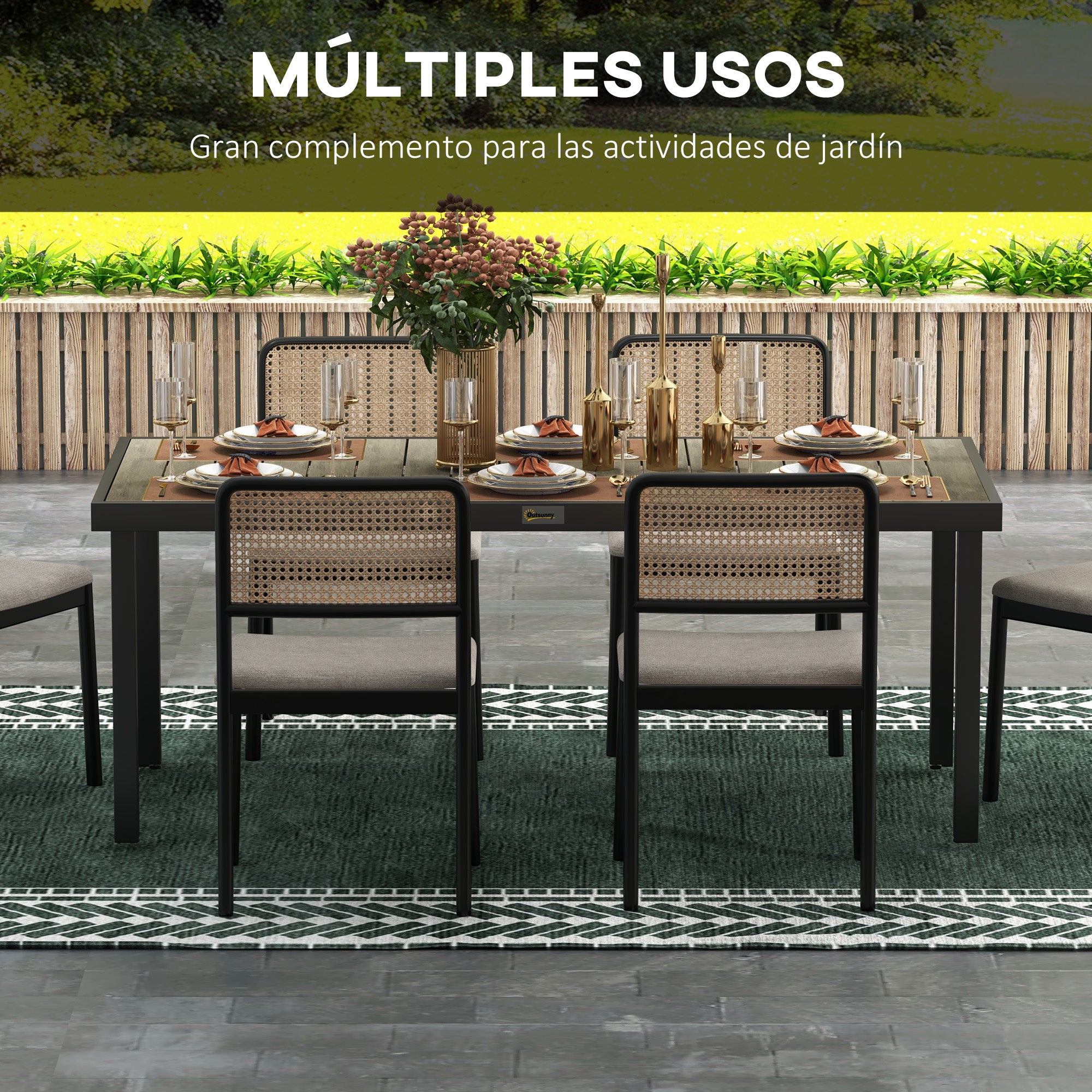 Aluminum Outdoor Dining Table Garden Table for 8 People with Slatted Top for Terrace Balcony 190x90x74 cm Natural and Black