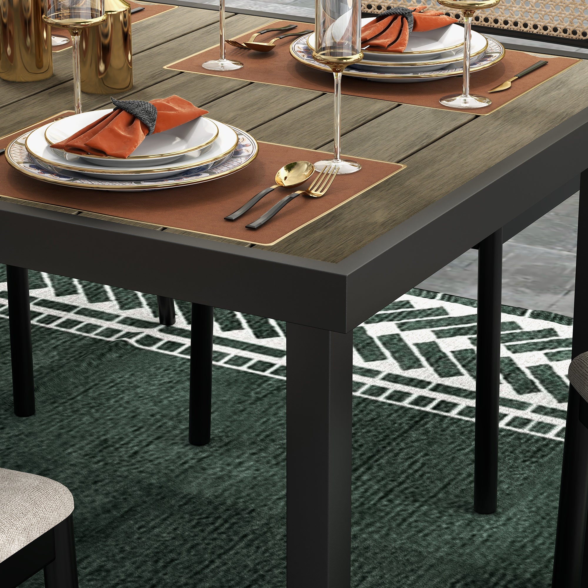 Aluminum Outdoor Dining Table Garden Table for 8 People with Slatted Top for Terrace Balcony 190x90x74 cm Natural and Black