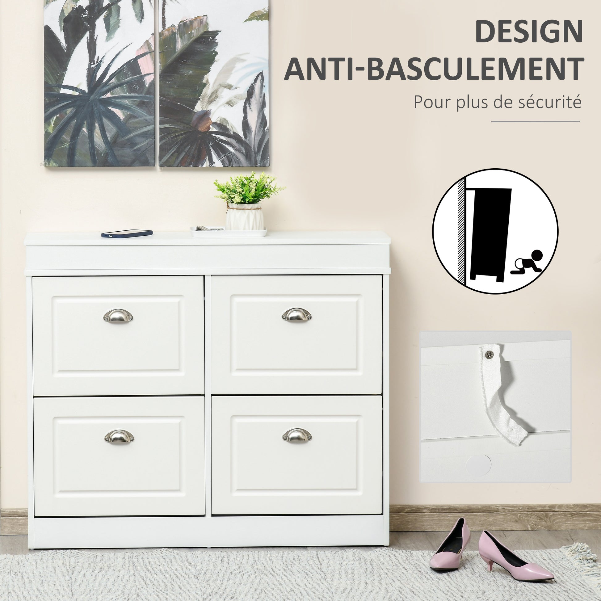 Shoe Cabinet Shoe Storage Unit dim. 98L x 24W x 83H cm 4 Flip-Down Doors Double Level MDF White