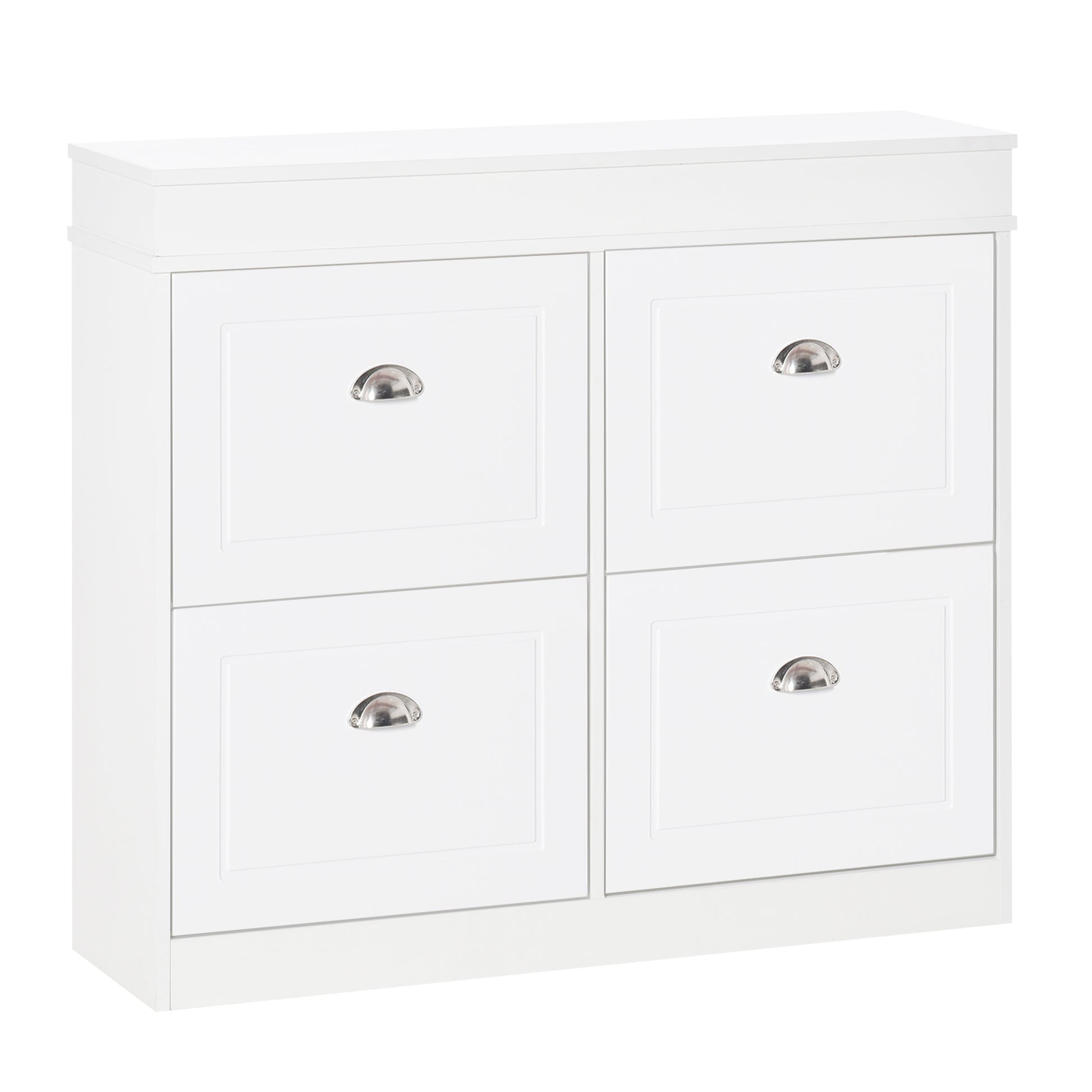 Shoe Cabinet Shoe Storage Unit dim. 98L x 24W x 83H cm 4 Flip-Down Doors Double Level MDF White