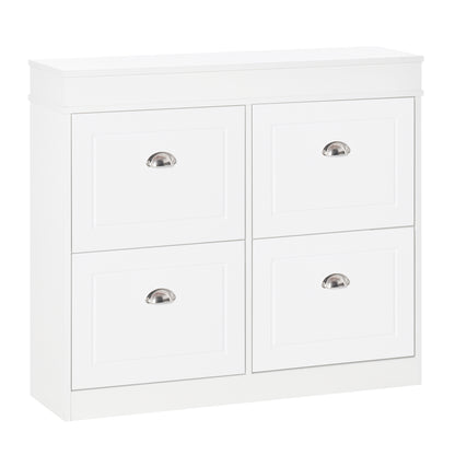 Shoe Cabinet Shoe Storage Unit dim. 98L x 24W x 83H cm 4 Flip-Down Doors Double Level MDF White
