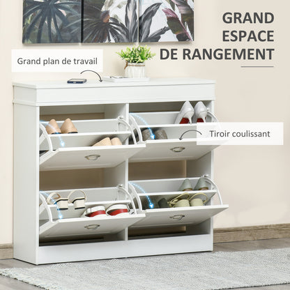 Shoe Cabinet Shoe Storage Unit dim. 98L x 24W x 83H cm 4 Flip-Down Doors Double Level MDF White