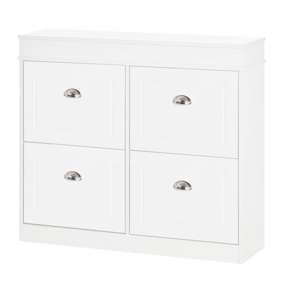 Shoe Cabinet Shoe Storage Unit dim. 98L x 24W x 83H cm 4 Flip-Down Doors Double Level MDF White
