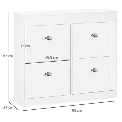 Shoe Cabinet Shoe Storage Unit dim. 98L x 24W x 83H cm 4 Flip-Down Doors Double Level MDF White