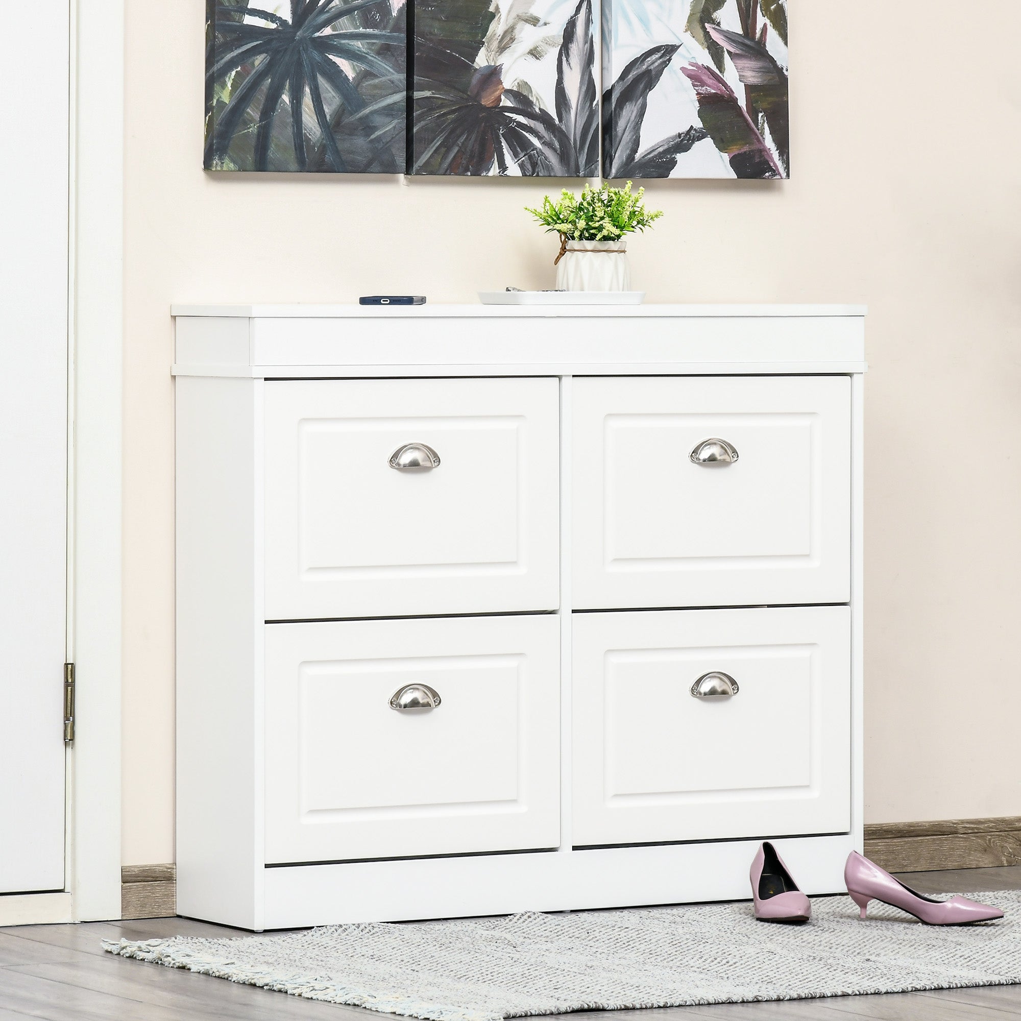 Shoe Cabinet Shoe Storage Unit dim. 98L x 24W x 83H cm 4 Flip-Down Doors Double Level MDF White