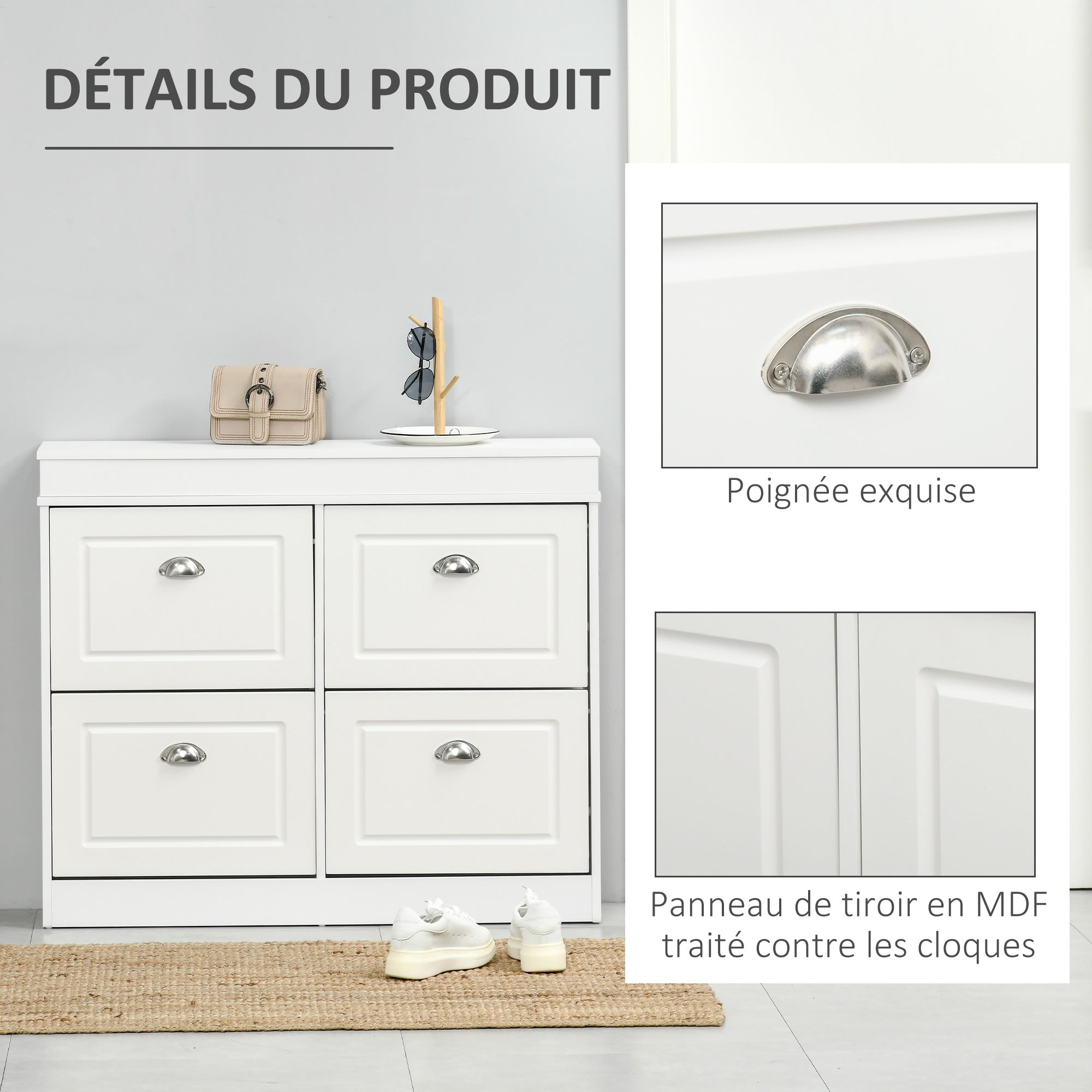 Shoe Cabinet Shoe Storage Unit dim. 98L x 24W x 83H cm 4 Flip-Down Doors Double Level MDF White