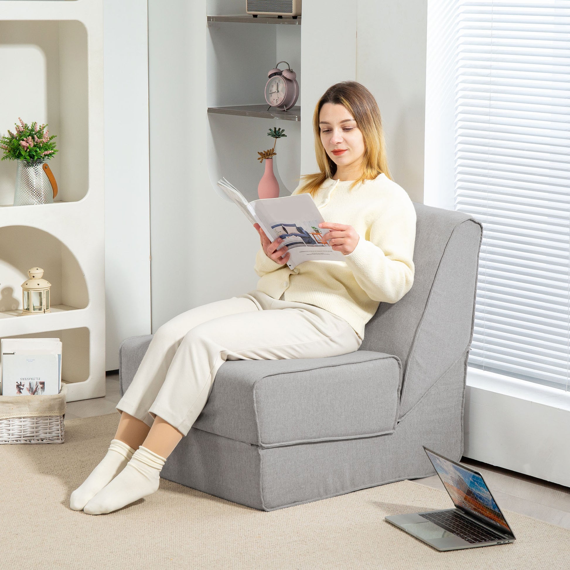 Floor Relax Chair Convertible to Chaise Longue, Adjustable in 2 Positions, Reclining and Space-saving Chair in Fabric, Light Gray