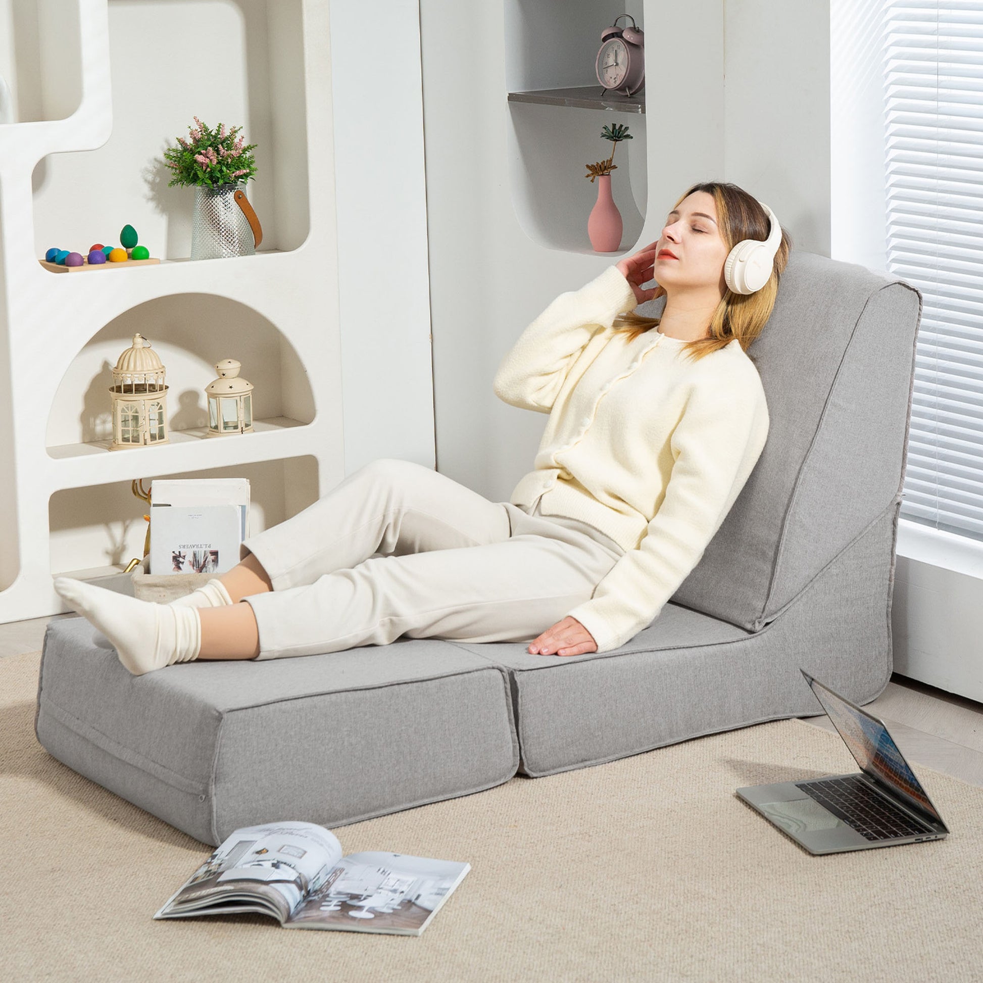 Floor Relax Chair Convertible to Chaise Longue, Adjustable in 2 Positions, Reclining and Space-saving Chair in Fabric, Light Gray