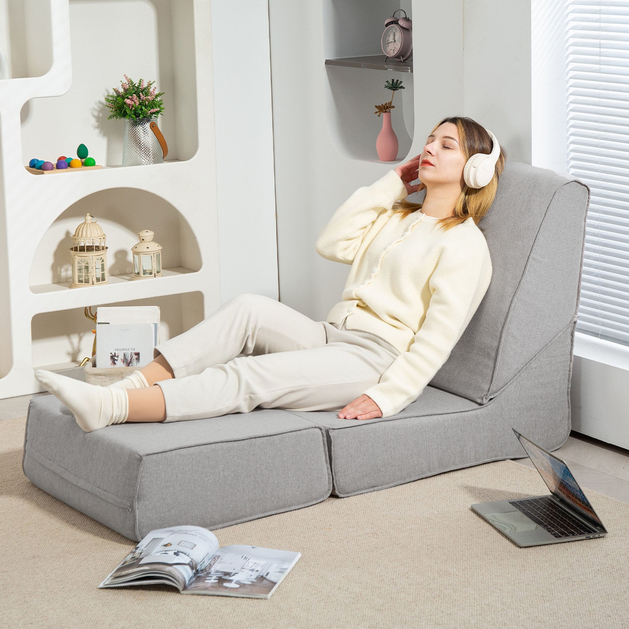 Floor Relax Chair Convertible to Chaise Longue, Adjustable in 2 Positions, Reclining and Space-saving Chair in Fabric, Light Gray