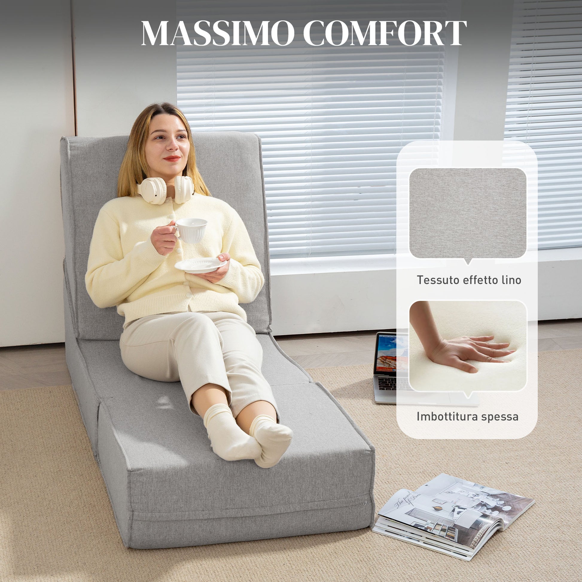 Floor Relax Chair Convertible to Chaise Longue, Adjustable in 2 Positions, Reclining and Space-saving Chair in Fabric, Light Gray