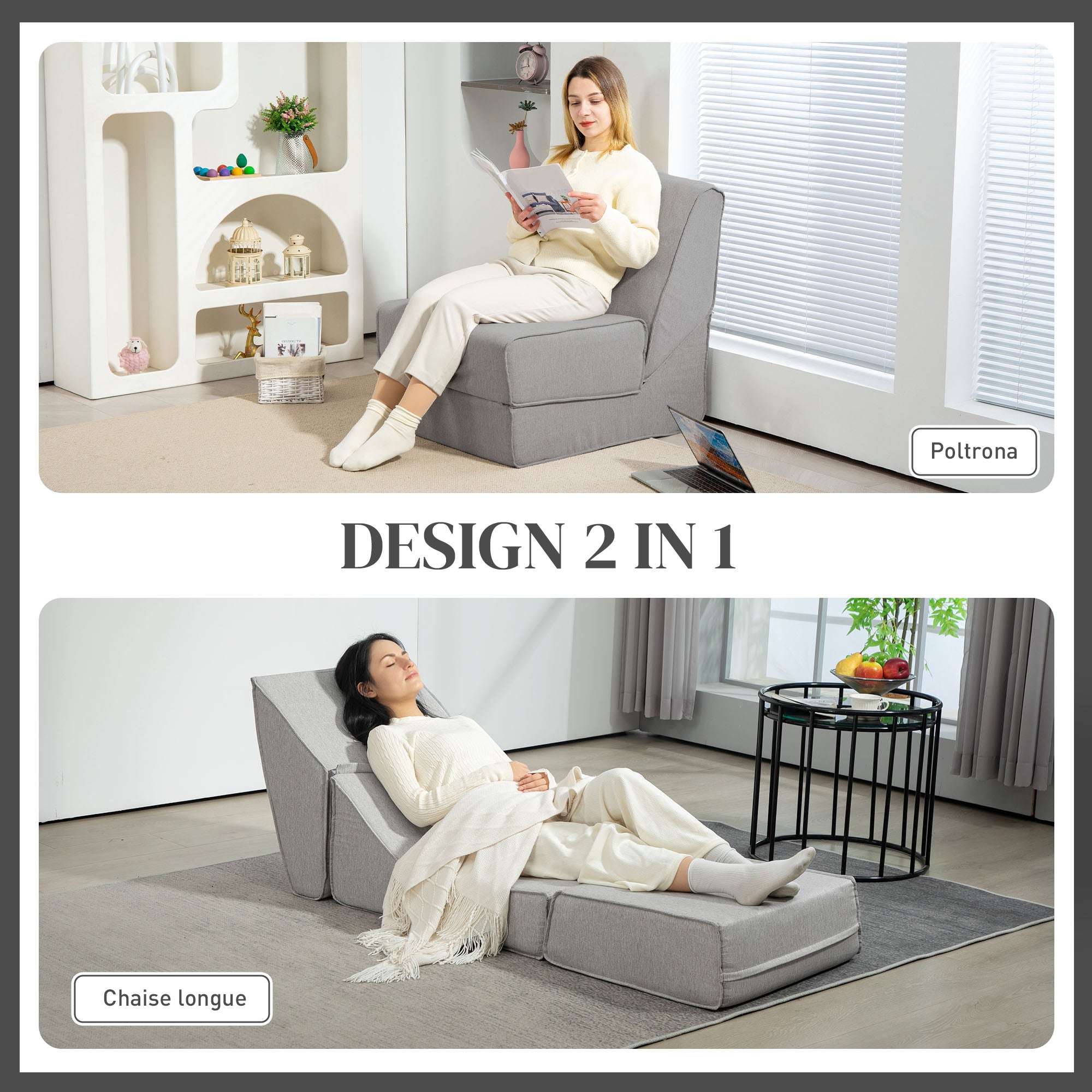 Floor Relax Chair Convertible to Chaise Longue, Adjustable in 2 Positions, Reclining and Space-saving Chair in Fabric, Light Gray