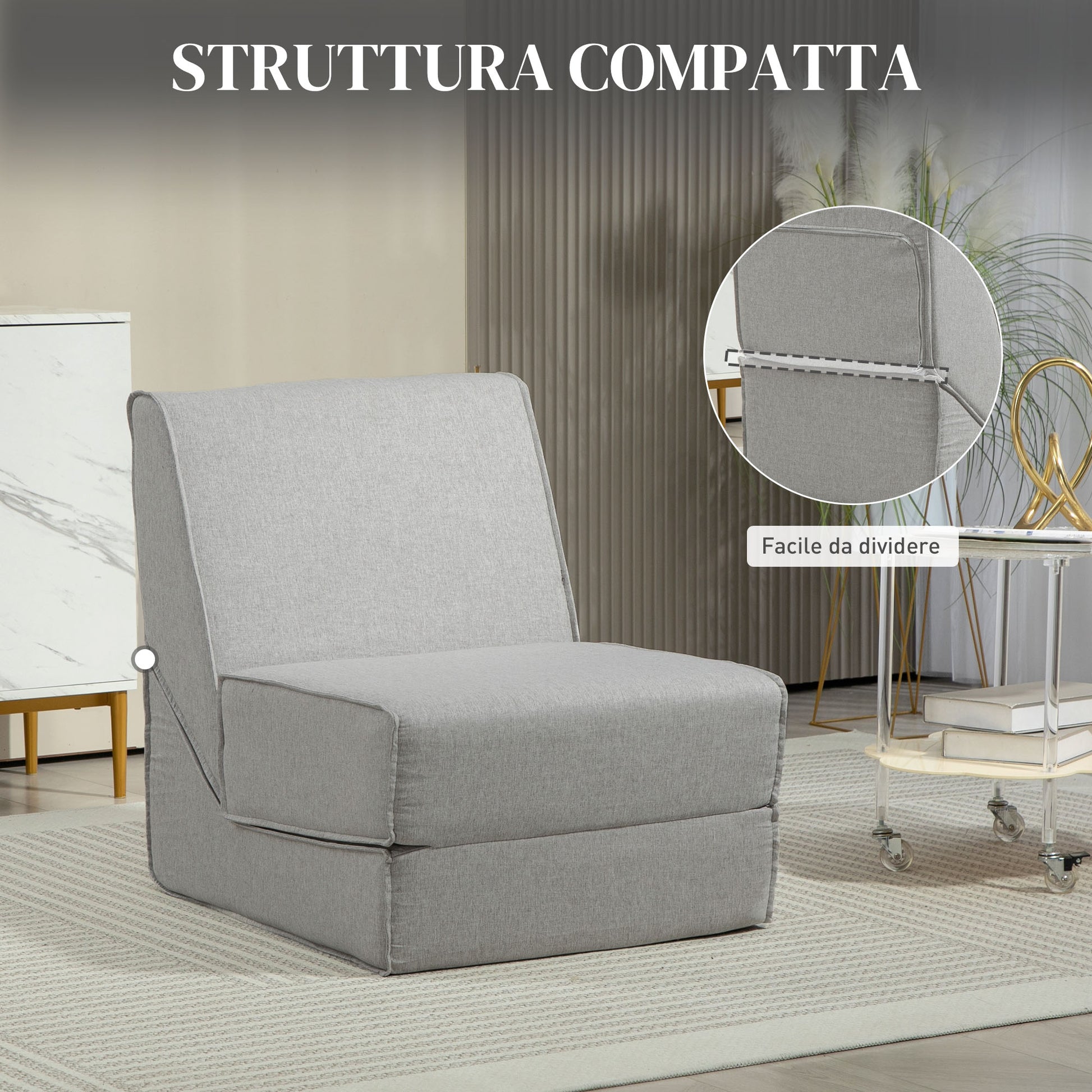 Floor Relax Chair Convertible to Chaise Longue, Adjustable in 2 Positions, Reclining and Space-saving Chair in Fabric, Light Gray