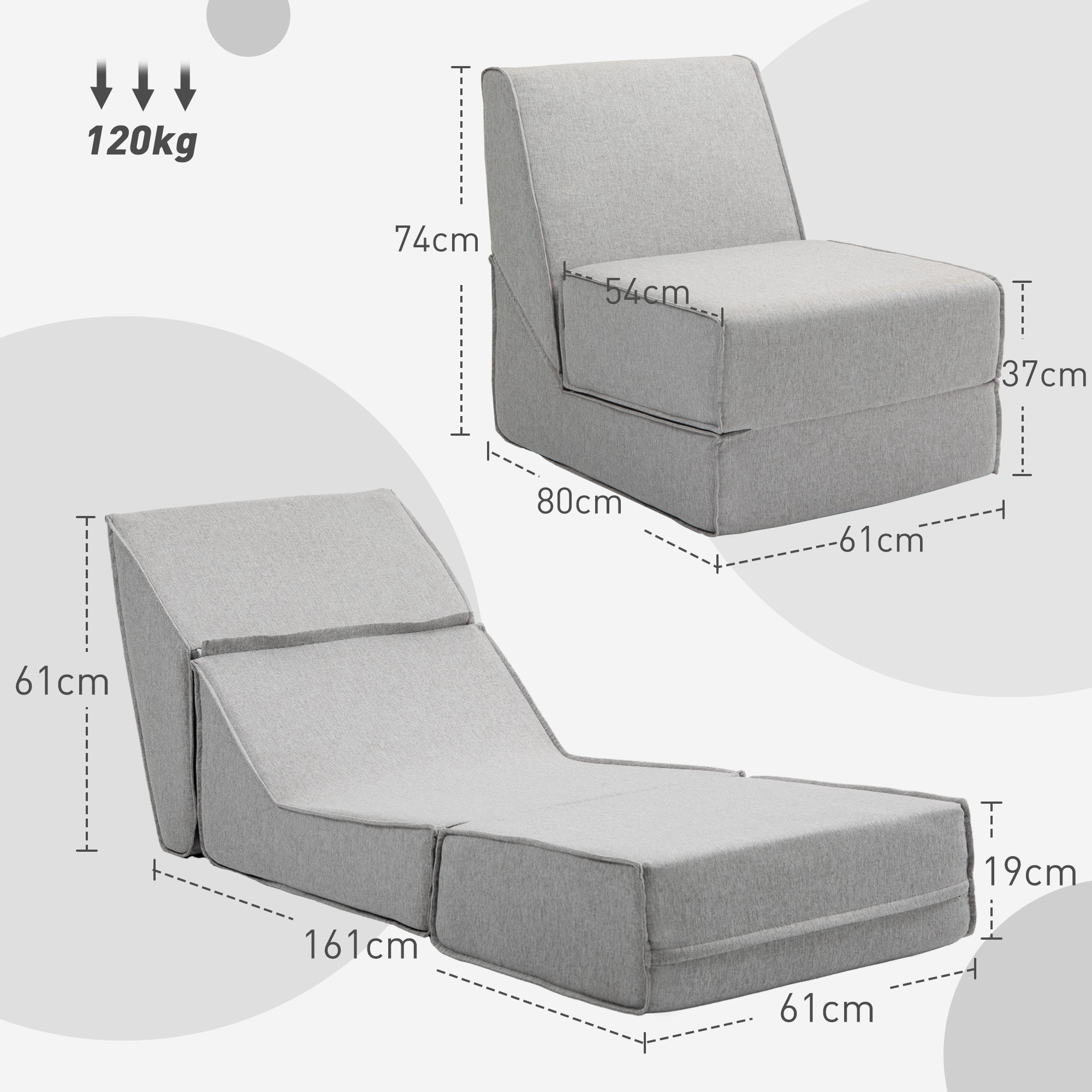 Floor Relax Chair Convertible to Chaise Longue, Adjustable in 2 Positions, Reclining and Space-saving Chair in Fabric, Light Gray