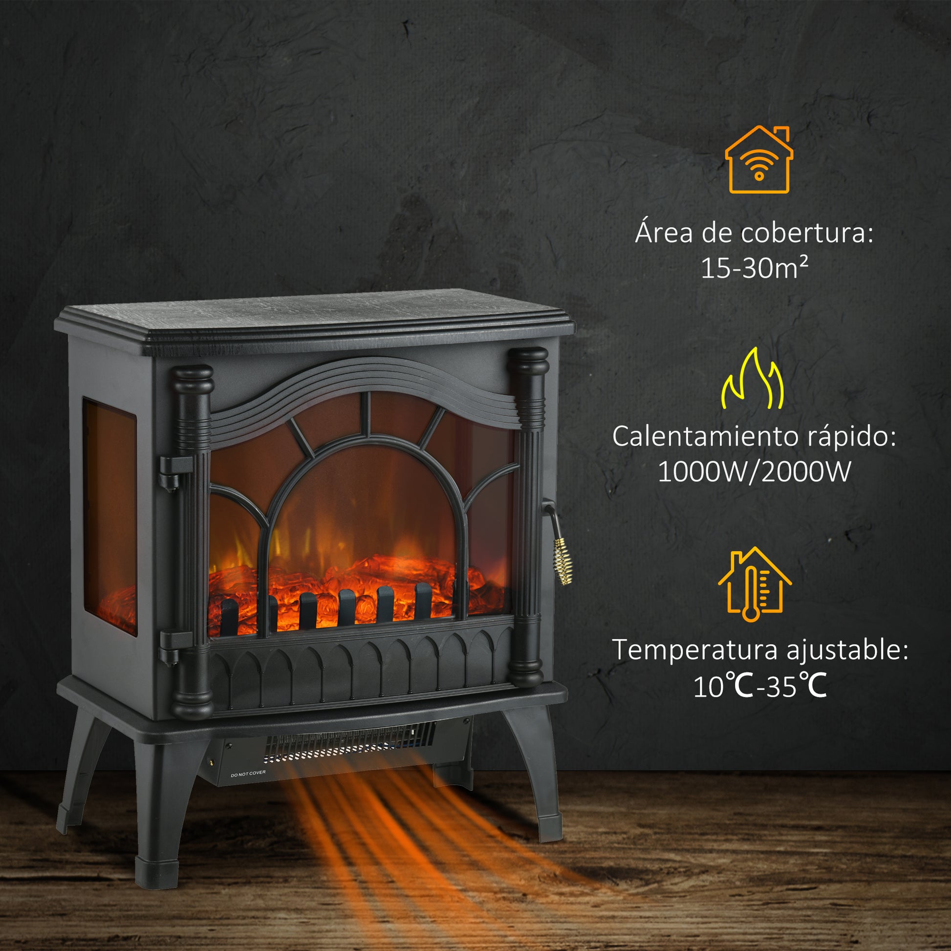 1000W/2000W Electric Fireplace Free Standing Decorative Fireplace with Adjustable Temperature Low Consumption Overheat Protection 3D Flame Effect for Room 15-30 m² Black