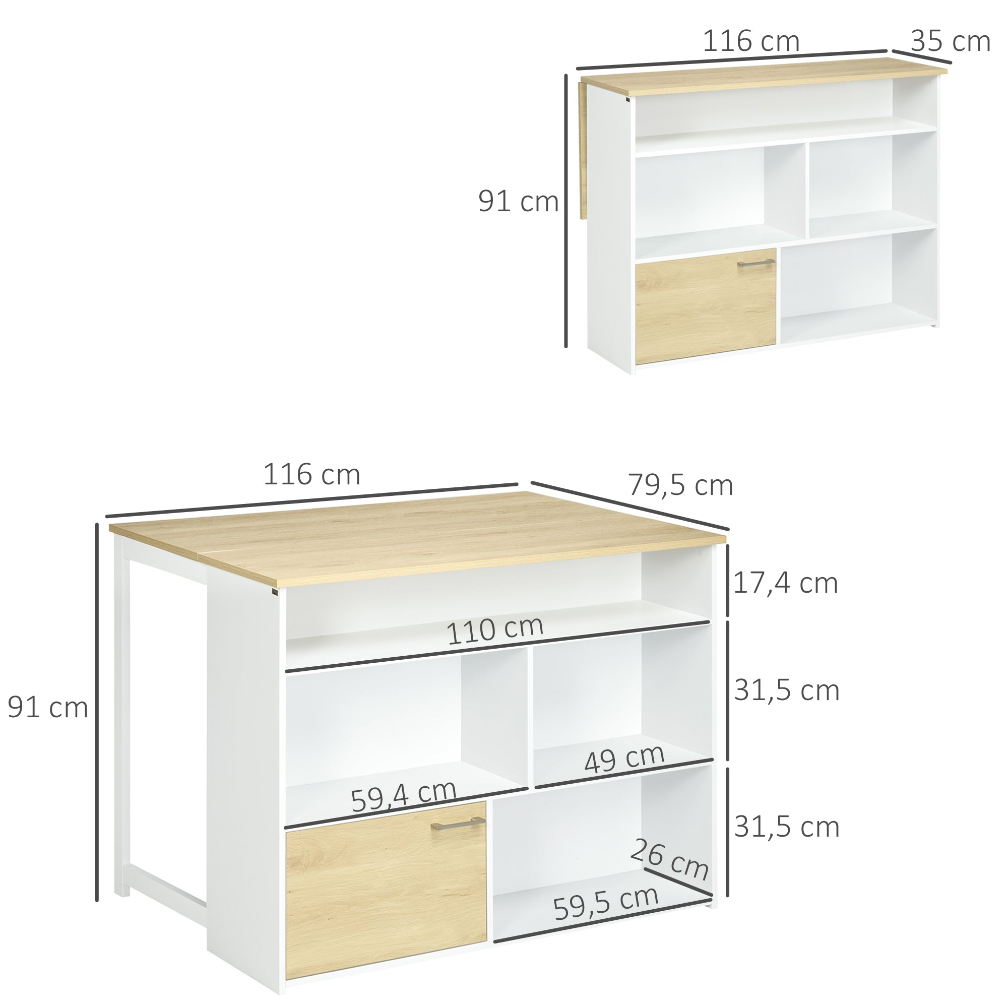 Extending Bar Table with Foldable Wing Bistro Table with Storage Compartments and 1 Door for Kitchen Dining Room 116x79.5x91 cm White