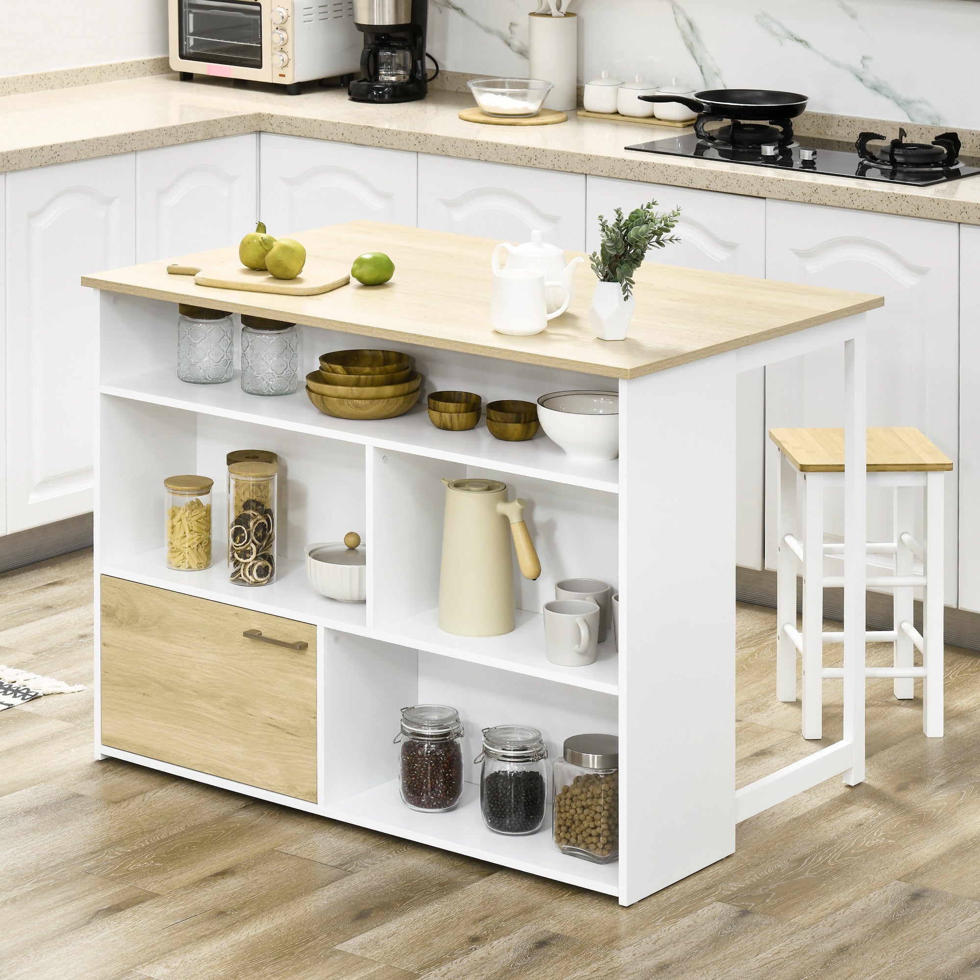 Extending Bar Table with Foldable Wing Bistro Table with Storage Compartments and 1 Door for Kitchen Dining Room 116x79.5x91 cm White
