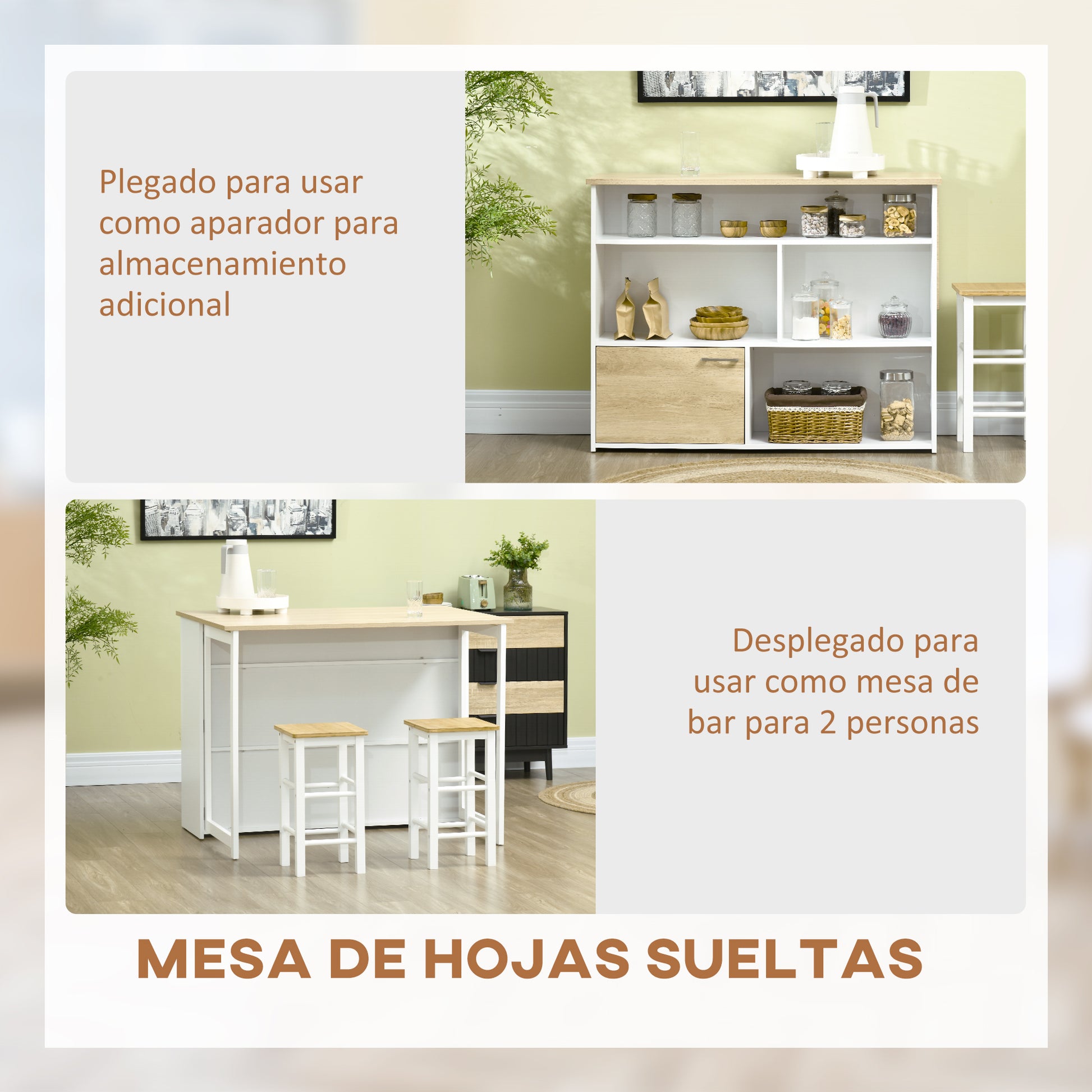 Extending Bar Table with Foldable Wing Bistro Table with Storage Compartments and 1 Door for Kitchen Dining Room 116x79.5x91 cm White
