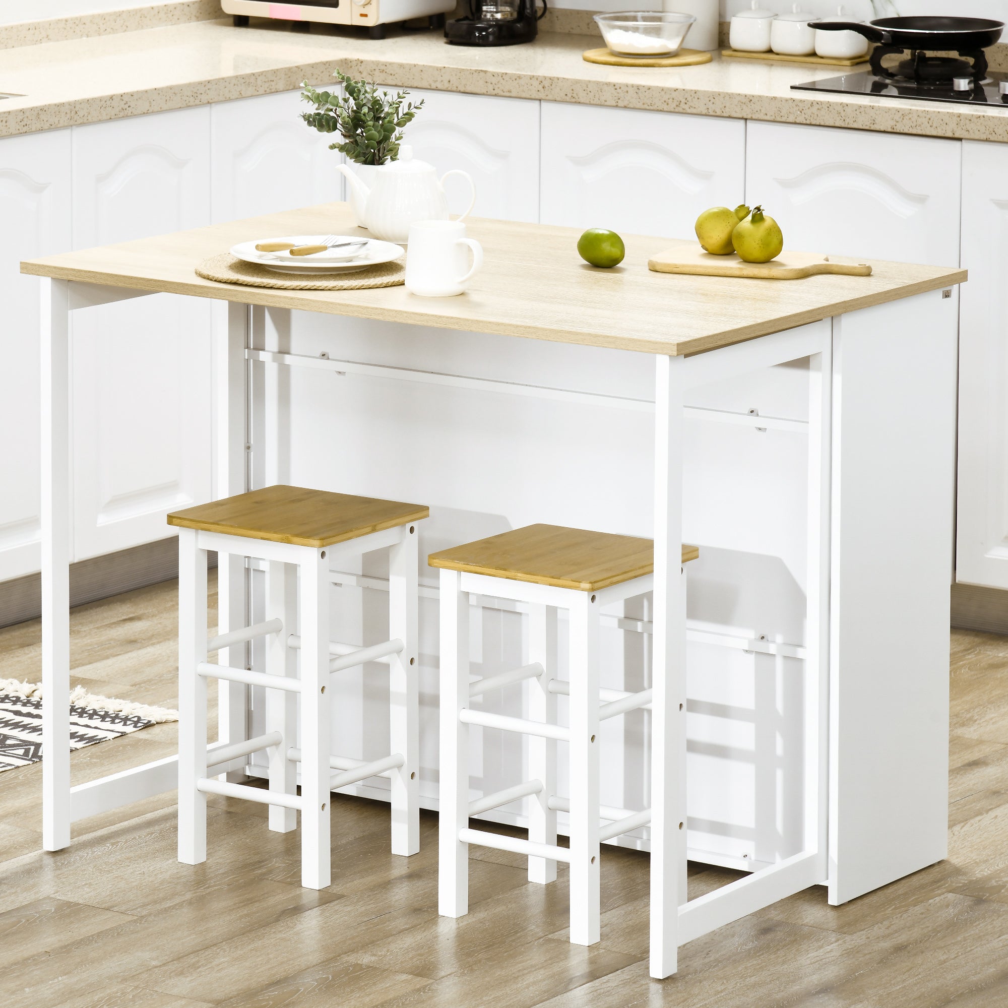 Extending Bar Table with Foldable Wing Bistro Table with Storage Compartments and 1 Door for Kitchen Dining Room 116x79.5x91 cm White