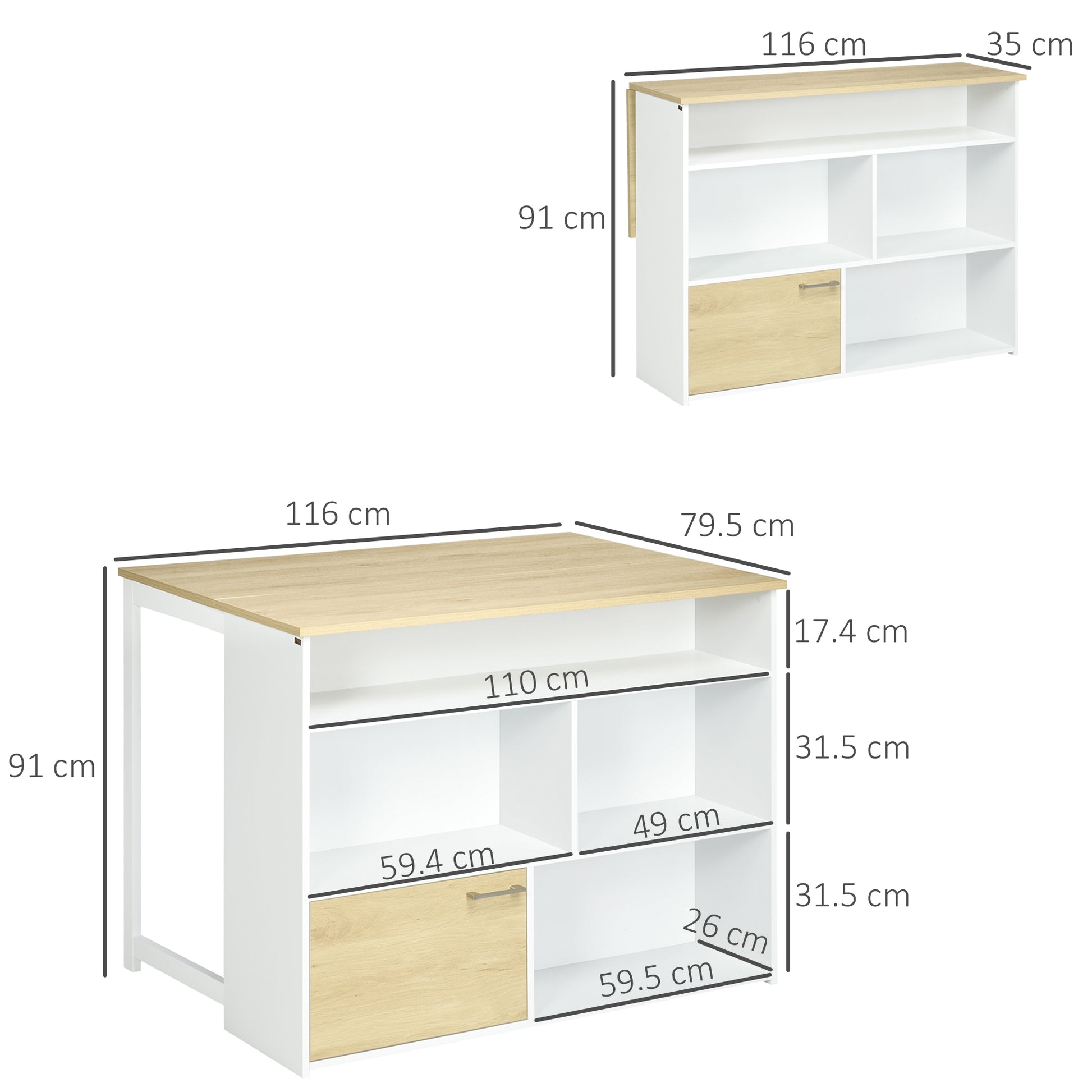 Extending Bar Table with Foldable Wing Bistro Table with Storage Compartments and 1 Door for Kitchen Dining Room 116x79.5x91 cm White
